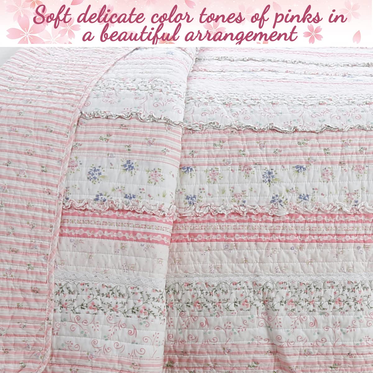 Cozy Line Home Fashions Pink Flower Lace Ruffle Stripe Shabby Chic Girl 100% Cotton Reversible Quilt Bedding Set, Coverlet, Bedspread (Pink Lace, Twin - 2 Piece: 1 Quilt + 1 Sham)