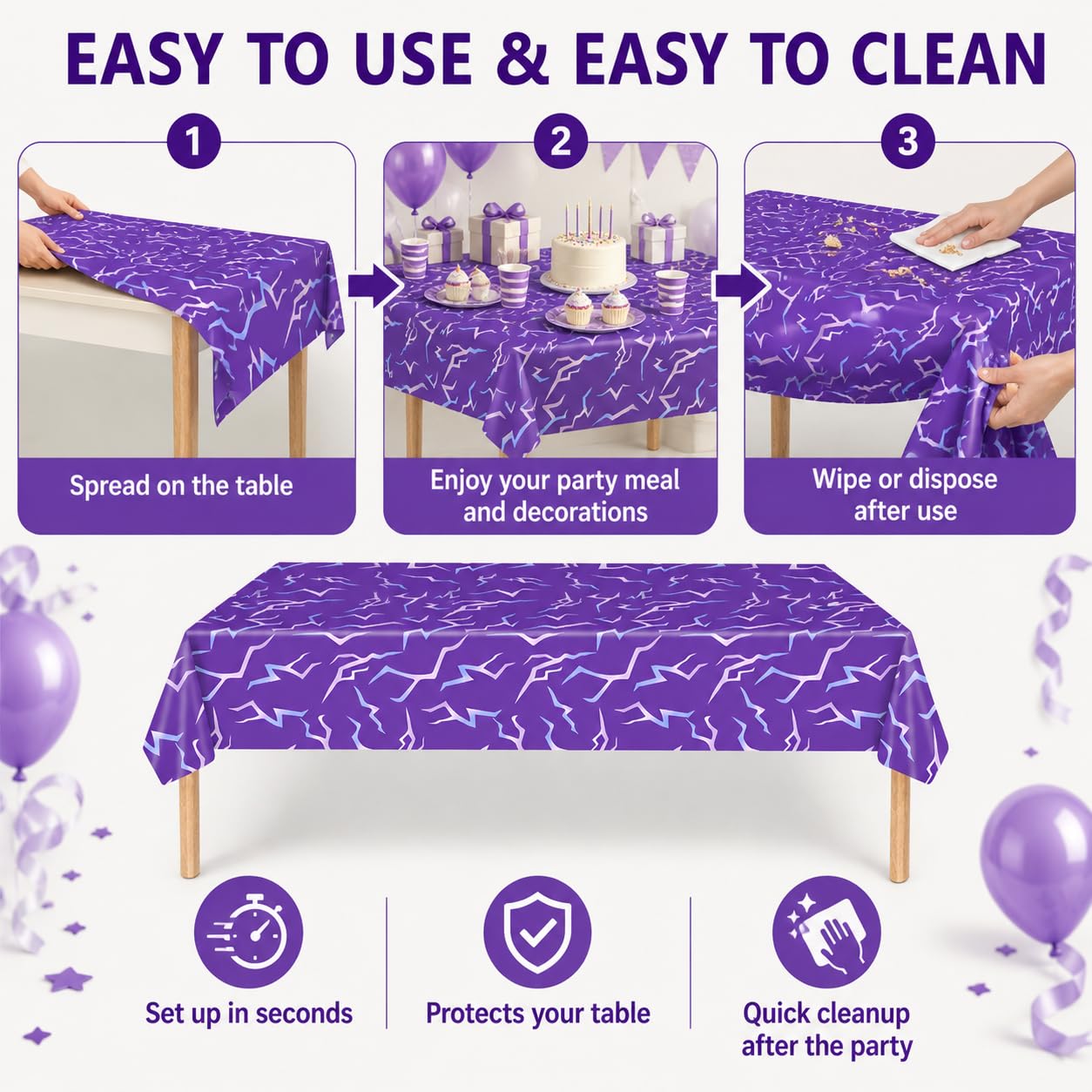 ANLLECR 3Pcs 54 x 108 Inch Purple Demon Lightning Theme Disposable Tablecloth, Waterproof Plastic Table Cover for Birthday Party, Music Themed Party, Halloween & Event Decorations