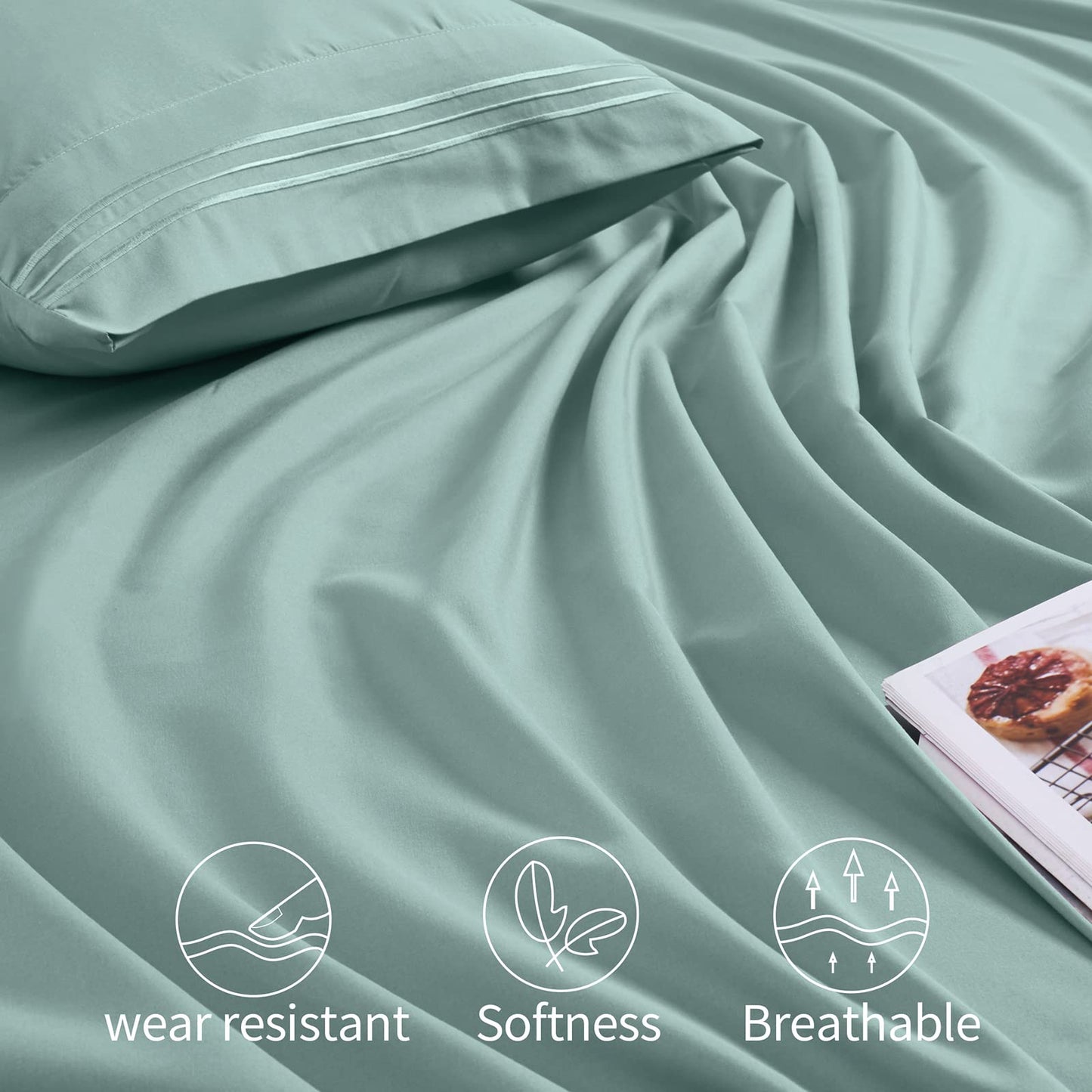 Horbaunal Extra Deep Pocket Queen Sheets - Fits Mattress 18-24 Inches Deep - 6 Pieces Hotel Luxury 1800 Thread Count Microfiber Sheet Set - Ultra Soft Mint Queen Size Bed Sheets
