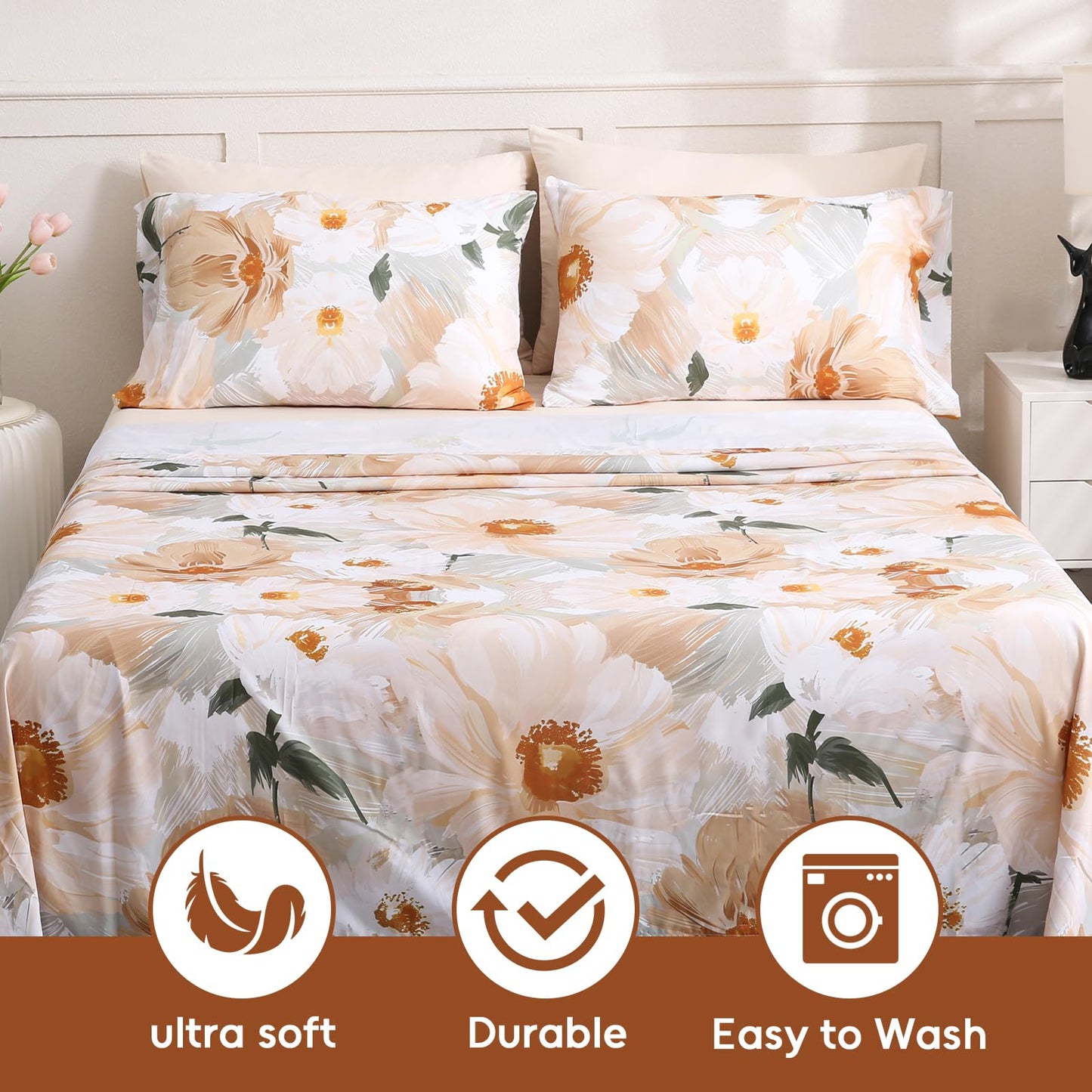 LONAVA Flower King Size 6 Pcs Sheet Set, Breathable Microfiber Deep Pocket Biege Fitted Sheets, Comfy & Breathable Patterned Flat Sheets,4 Gentle Soft Pillowcases, Golden Flower