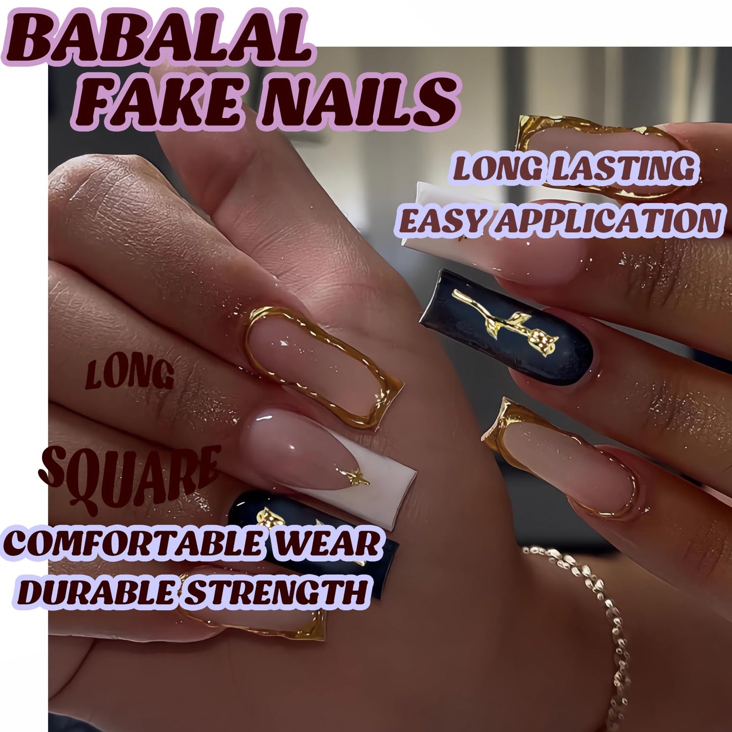 BABALAL Press on Nails Long Square Fake Nails Ombre Fall Glue on with Gold Rose Charm Luxury 3d Texture Handmade Design Y2k Manicure 24Pcs Acrylic False Nails for Women Girls