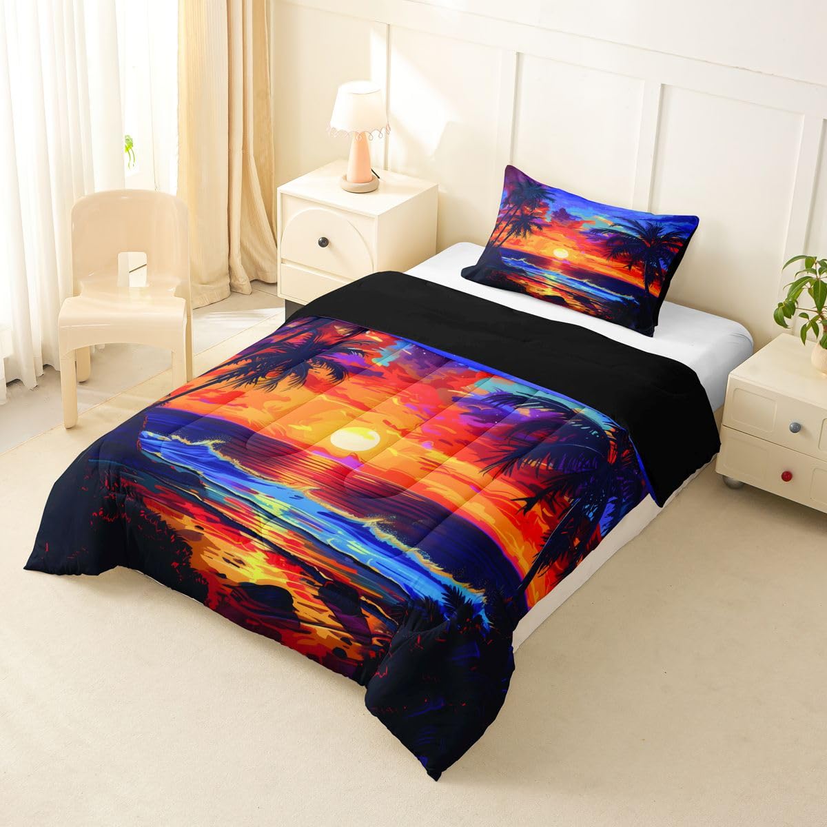 Erosebridal Ocean Beach Comforter Set for Girls Women - Watercolor Sea Sunset Scenery Toddler Bedding Sets Tropical Palm Tree Comforter Hawaiian Summer Marine Quilt Duvet 2 Pcs