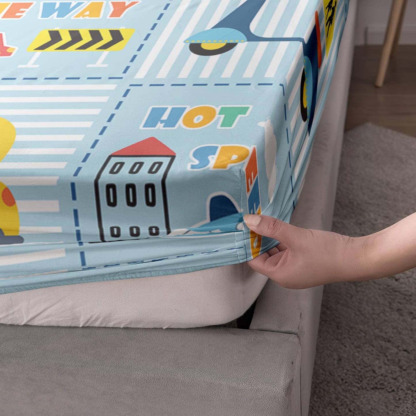 HOSIMA Cartoon Car Kids Fitted Sheet Sets for Girls Boys Room Decor,Transportations Submarine Motorcycle Airplane Pattern Bedding Sets Queen Size,Soft Light Blue Fitted Sheet Set.