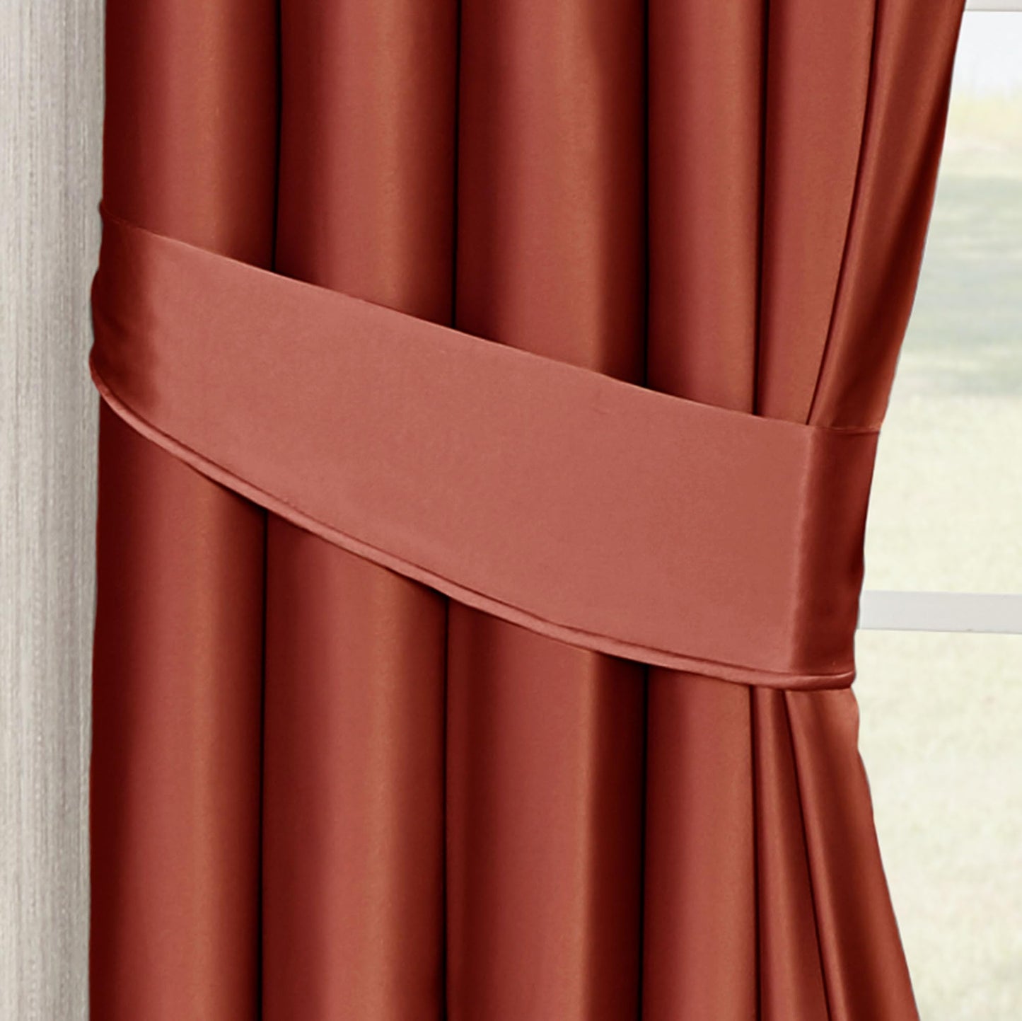 Cambridge Classic Luxury Window Treatment | Warm Cinnabar Solid Color Polyester Satin | Elaborate Damask Quilted Scalloped Valance | Drapery Set Includes Scalloped Valance & 84L Lined Curtain Pair