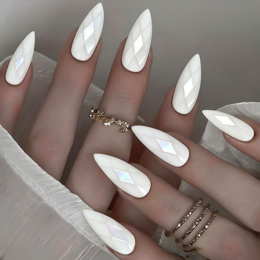 RUOKEXIN Almond Press on Nails Medium Length Fake Nails White Chrome False Nails with 3D Rhombus Designs Full Cover Nail Press ons Sparkly Artificial Nails for Women 24Pcs