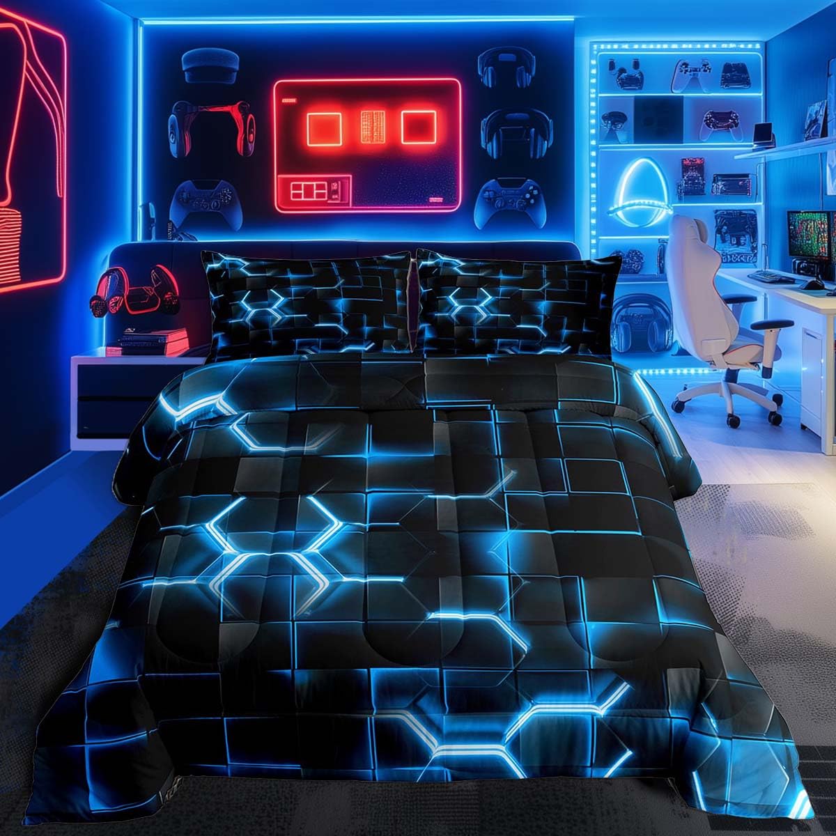 Feelyou Blue and Black Bedding Set Full Size Honeycomb Comforter Set for Kids Boys Girls Decor Hexagon Theme Comforter Geometrical Beehive Duvet Set