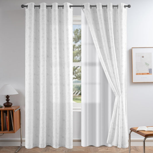 Petrichor White Luxury Double Layer Curtains, Satin-Lined Voile Embroidered Floral Pattern, Light Filtering Grommet Top Window Drapes for Living Room Bedroom Decor, 2 Panels, 55" W x 95" L