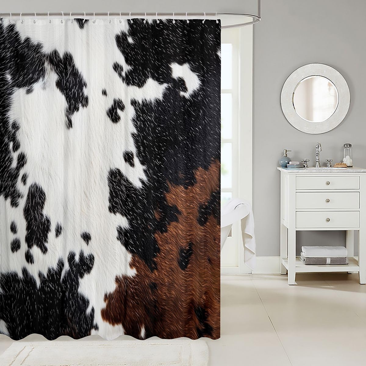jejeloiu Cow Fur Print Shower Curtain for Bathroom Decor Cowhide Bath Curtain for Stalls Bathtubs Farmhouse Bathroom Accessories Western Farm Animal Skin Waterproof Polyester with 12 Hooks 72"x72"