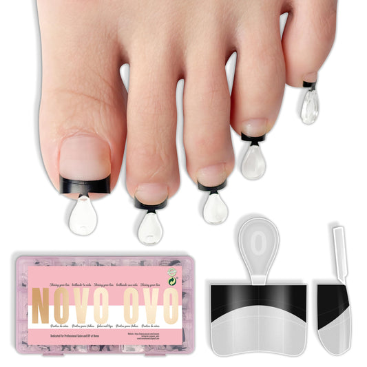 NOVO OVO Half Cover Toe Nail Tips, Pre-Designed Black French Tip - 240Pcs Soft Gel False Toenails for Acrylic Pedicure Extension, Square Shape with Auxiliary Line Guide (15 Sizes, Wide Fit)