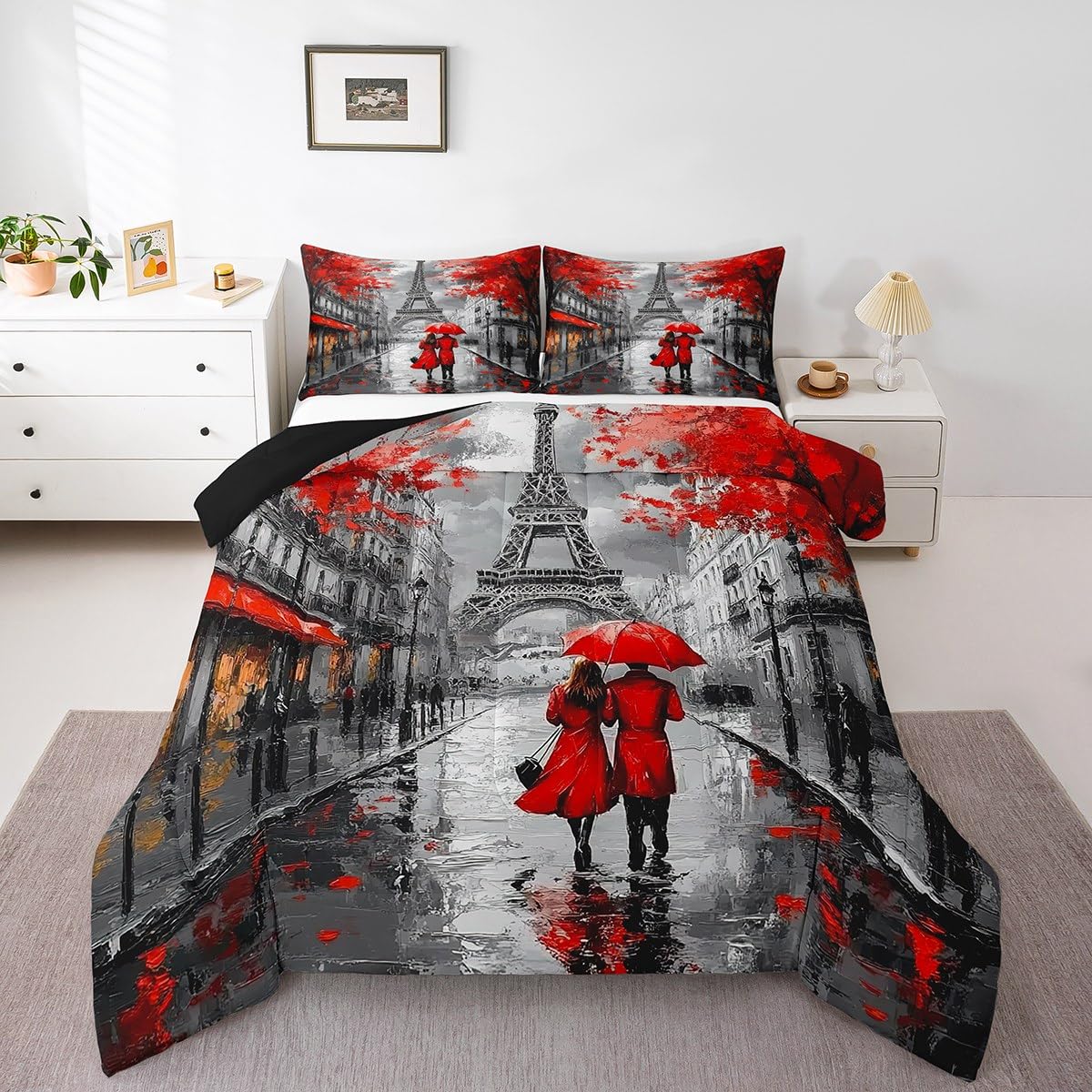 Red Paris Eiffel Tower Comforter Set Queen Size French Style Couple Lover Flower Bedding Sets For Girls Women Kids Quilted Duvet 1 Comforter + 2 Pillow Cases Romantic Bedroom Decor, Grey Black