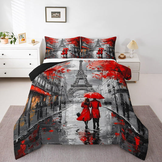 Red Paris Eiffel Tower Comforter Set Queen Size French Style Couple Lover Flower Bedding Sets For Girls Women Kids Quilted Duvet 1 Comforter + 2 Pillow Cases Romantic Bedroom Decor, Grey Black