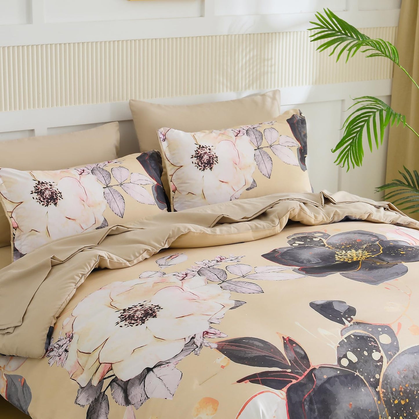 Yogeneg King Size Comforter Set 7 Piece Bed in a Bag,White Black Floral Botanical Pattern Khaki Bedding Set,Soft Microfiber Comforter with Sheet Set,All Season Bed Set(Khaki,King)