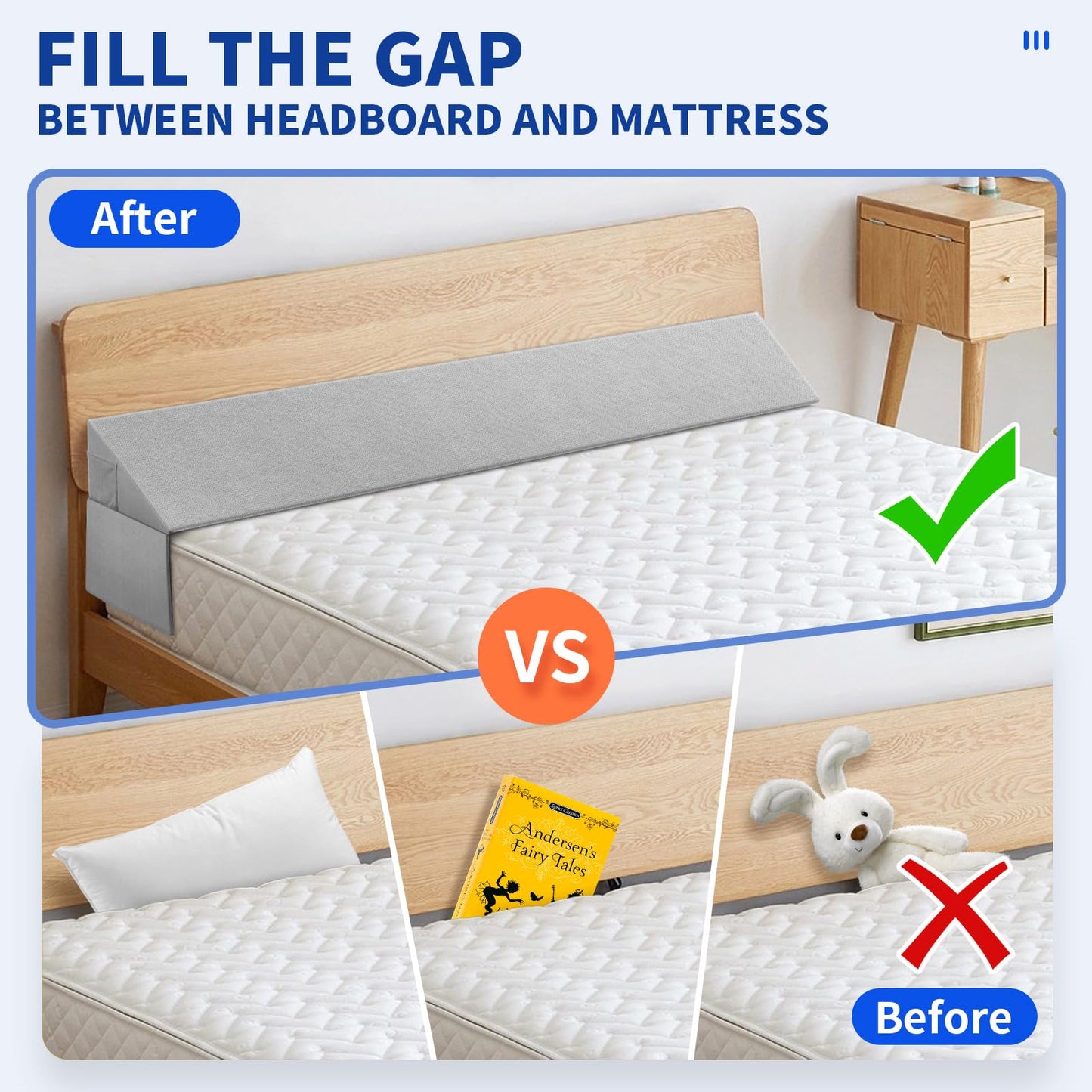 Krightlink Bed Wedge Pillow for Headboard Gap, King Size (76"x10"x6") Bed Gap Filler Mattress Wedge, Fits Bed Gap(0-8") Between Mattress and Headboard