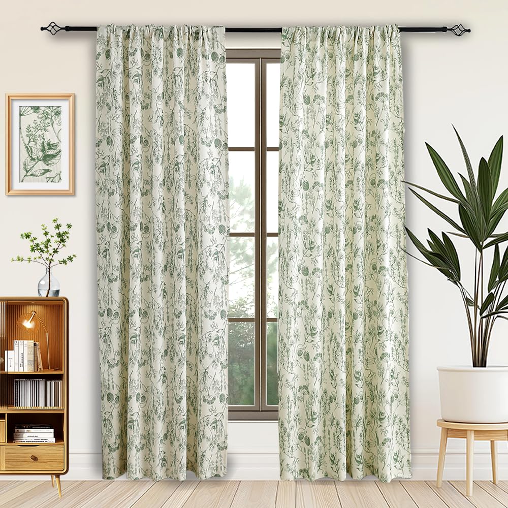 Autum Dream Blackout Curtains 2 Panels Chenille Curtains Drapes for Bedroom Back Tab Rod Pocket Poppy Floral Farmhouse Curtains for Living Room, Patio Doors,Green Floral, 52" W x 63" L
