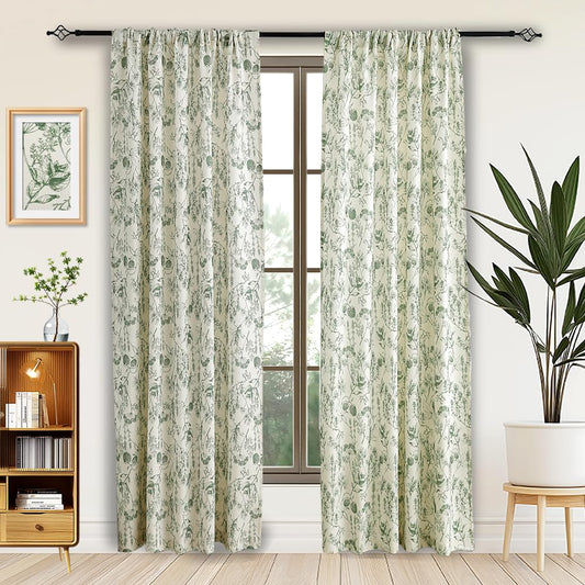Autum Dream Blackout Curtains 2 Panels Chenille Curtains Drapes for Bedroom Back Tab Rod Pocket Poppy Floral Farmhouse Curtains for Living Room, Patio Doors,Green Floral, 52" W x 63" L