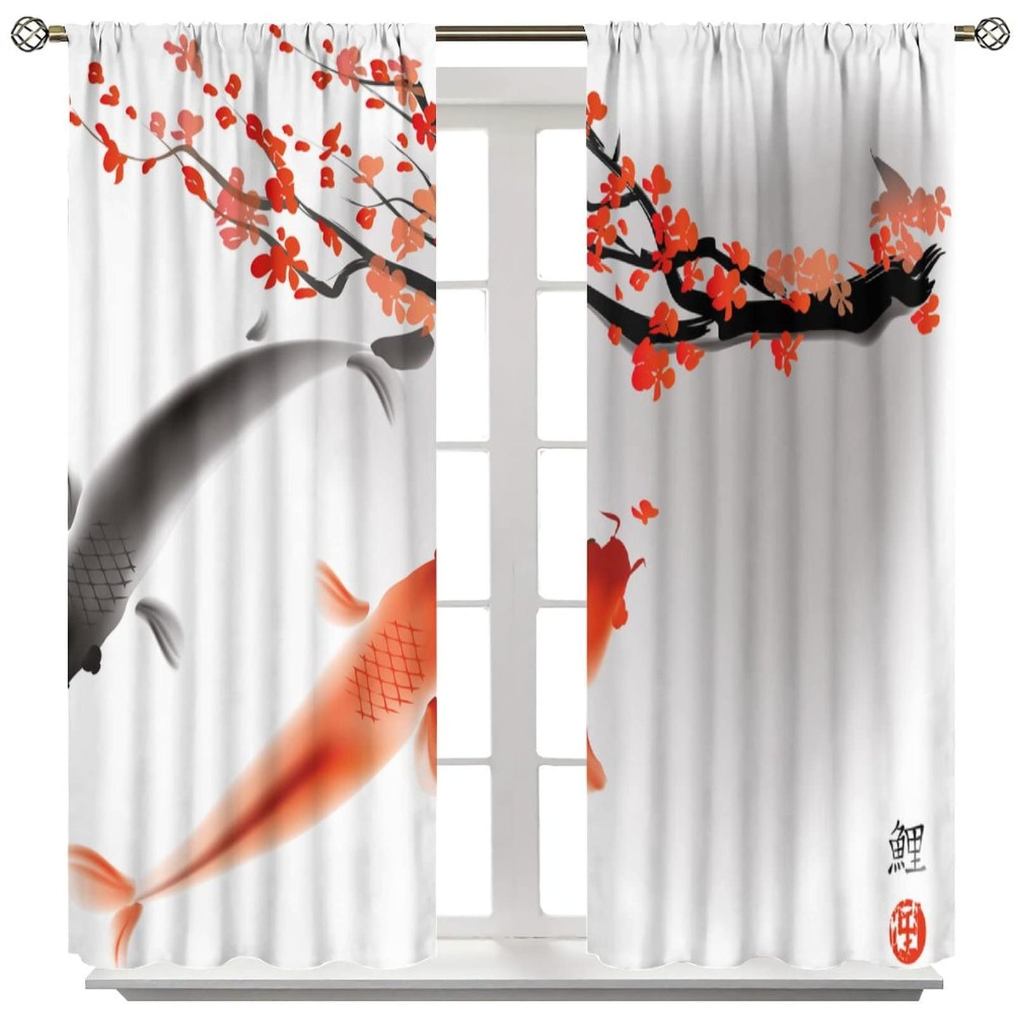 Japanese Style Curtains, Koi Fish Swimming Cherry Blossom Branch Design, Bedroom Living Room Decorative Room Noise Reduction Darkening, 2 Sets of Panels, 42x45 in. Orange Gray