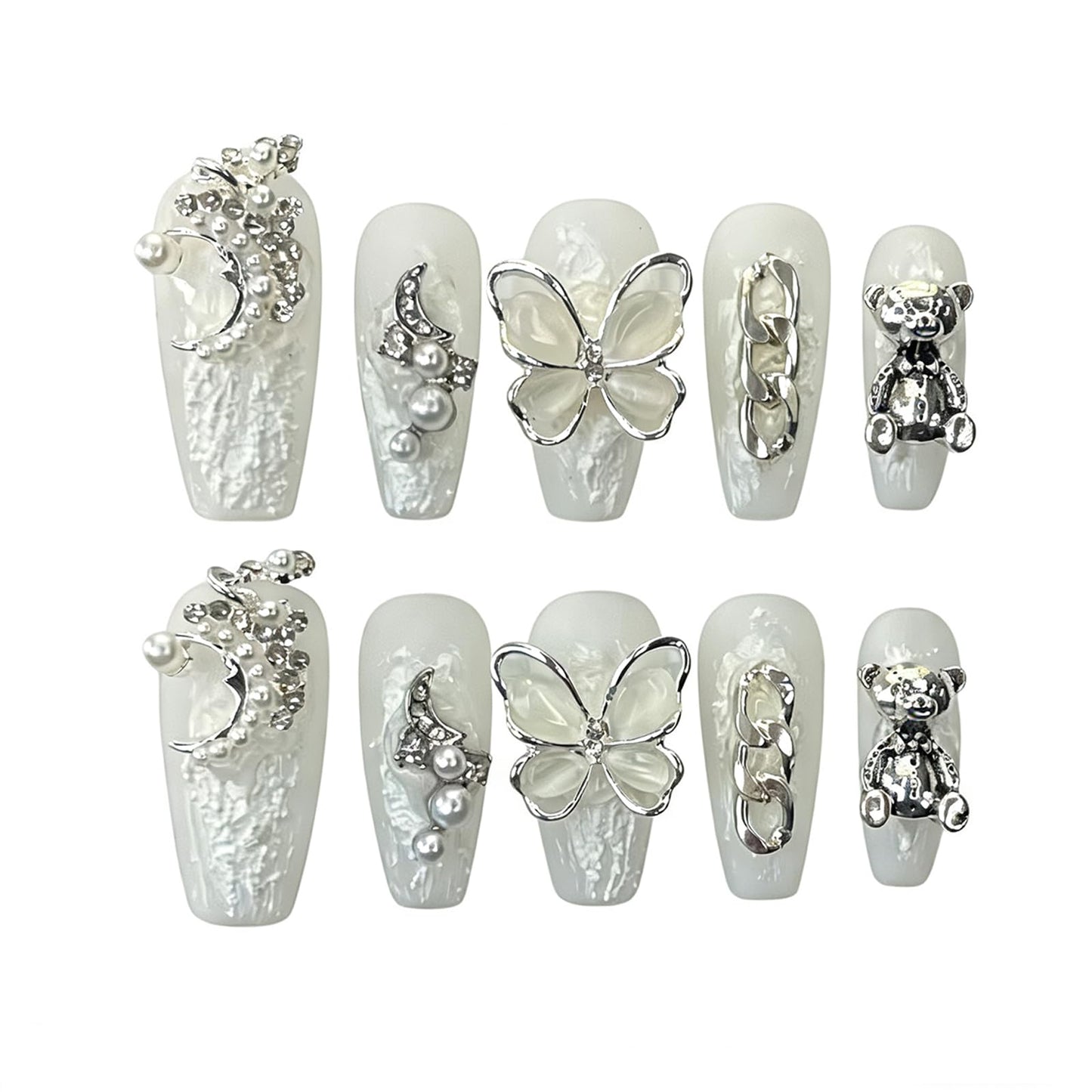 Handmade Press on Nails square Baroque Style Plaster Glue Pure White Decorative Adhesive with Moon Butterfly Pearl and Bear Acrylic Nails Press on Handmade Nails Handmade Nails(L)