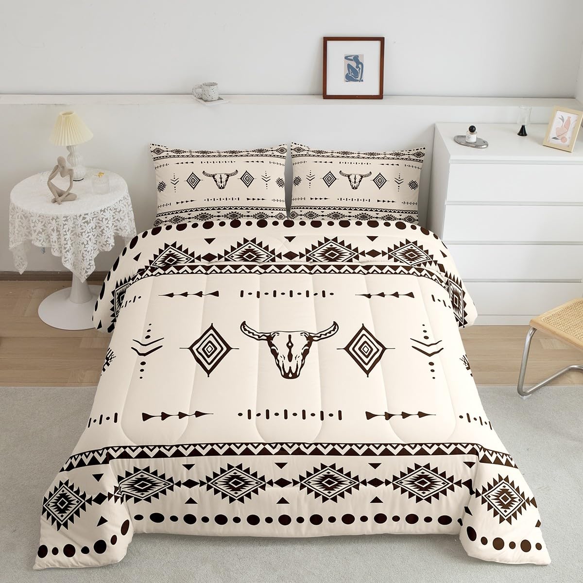 Erosebridal Bull Skull Twin Size Comforter Set, Western Cowboy Bedding Set for Boys Girls Men Room Decor, Southwestern Native Quilt, Boho Aztec Ethnic Horns Duvet Insert, 1 Pillow Case