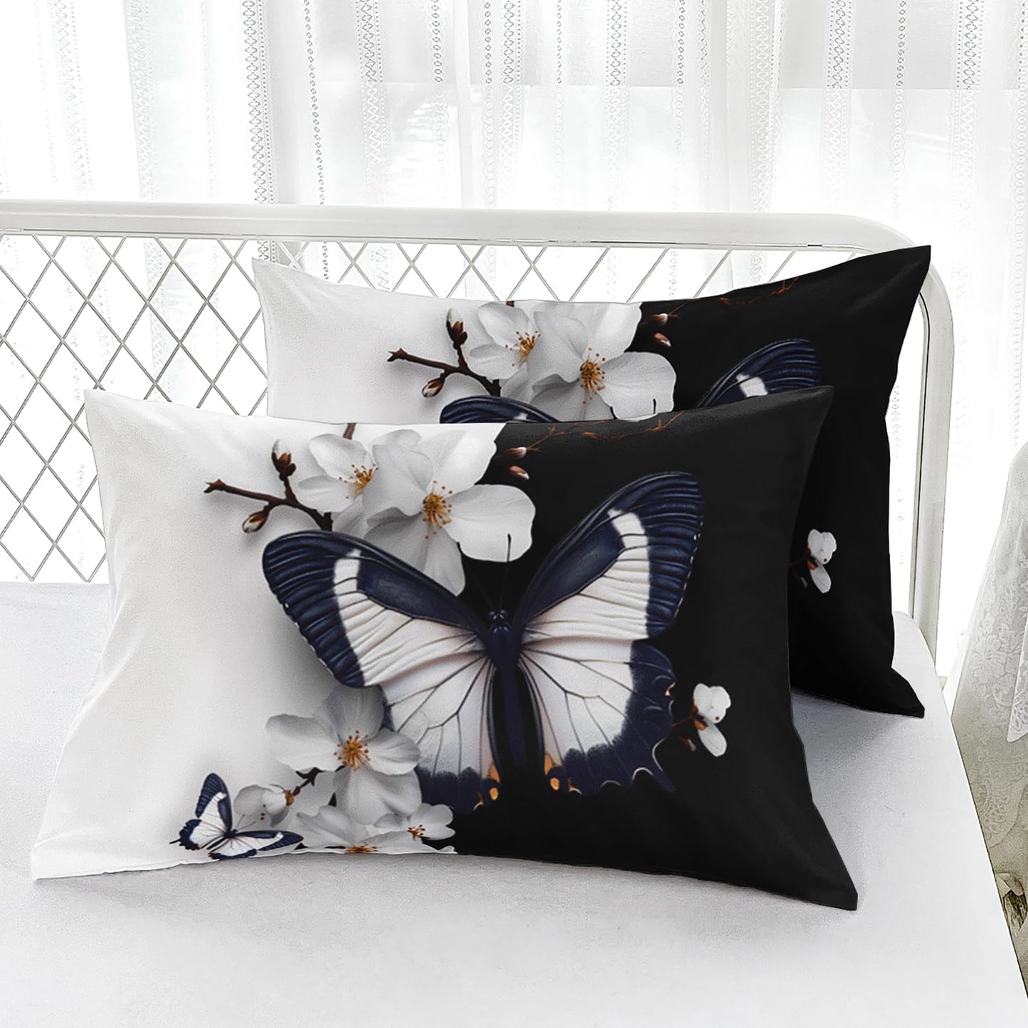 AILONEN 3D Butterfly Fitted Sheet Set Queen Size,Black and White Bed Sheet Set for Girls Women,Beautiful Flower Butterfly Printed Fitted Sheet with 2 Pillowcases,3Pcs
