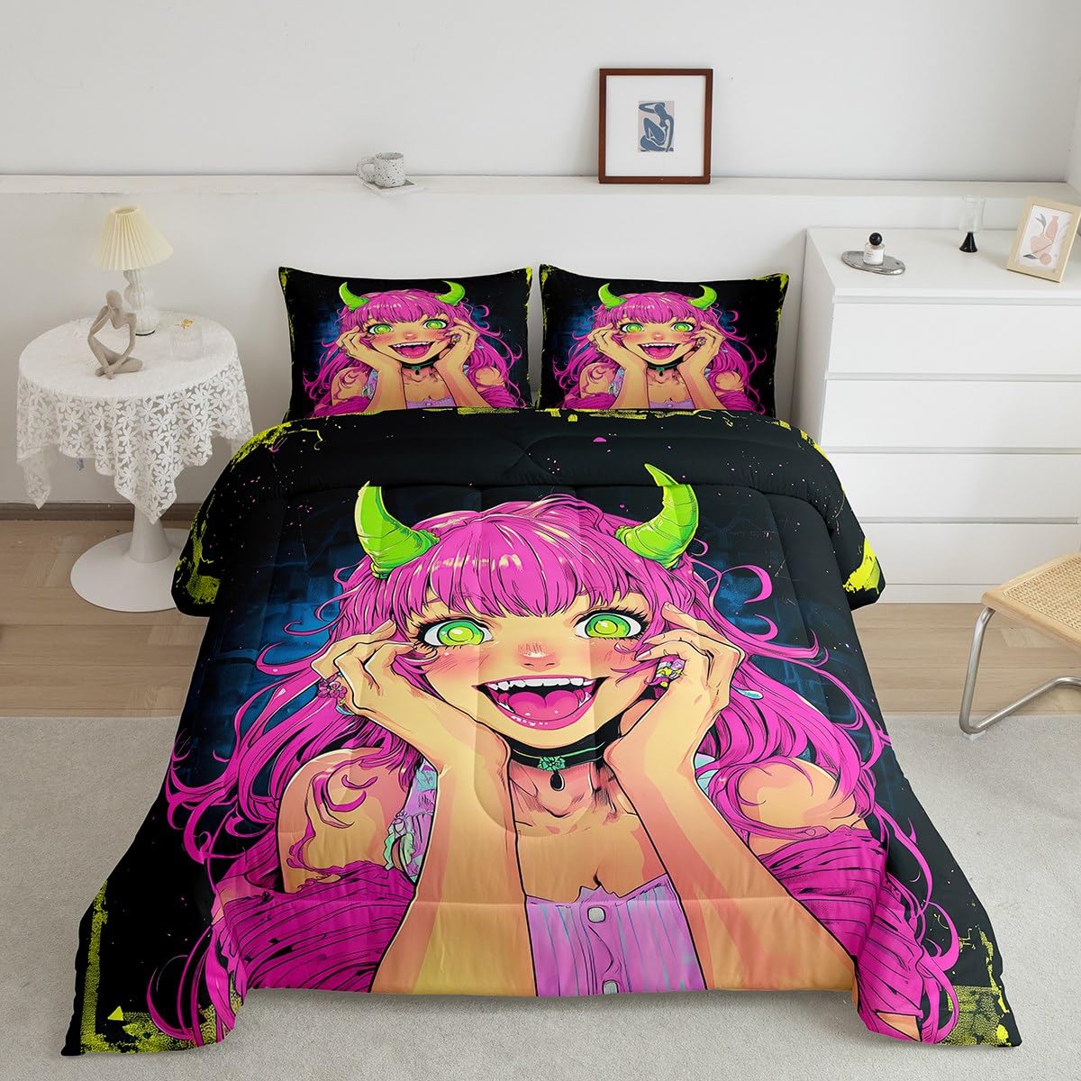 Erosebridal Anime Girl Comforter Set Full Size, Japanese Anime Bedding Set for Kids Boys Teens Bedroom Decor, Cartoon Girl Quilt Kawaii Japanese Animation Duvet Insert with 2 Pillow Cases