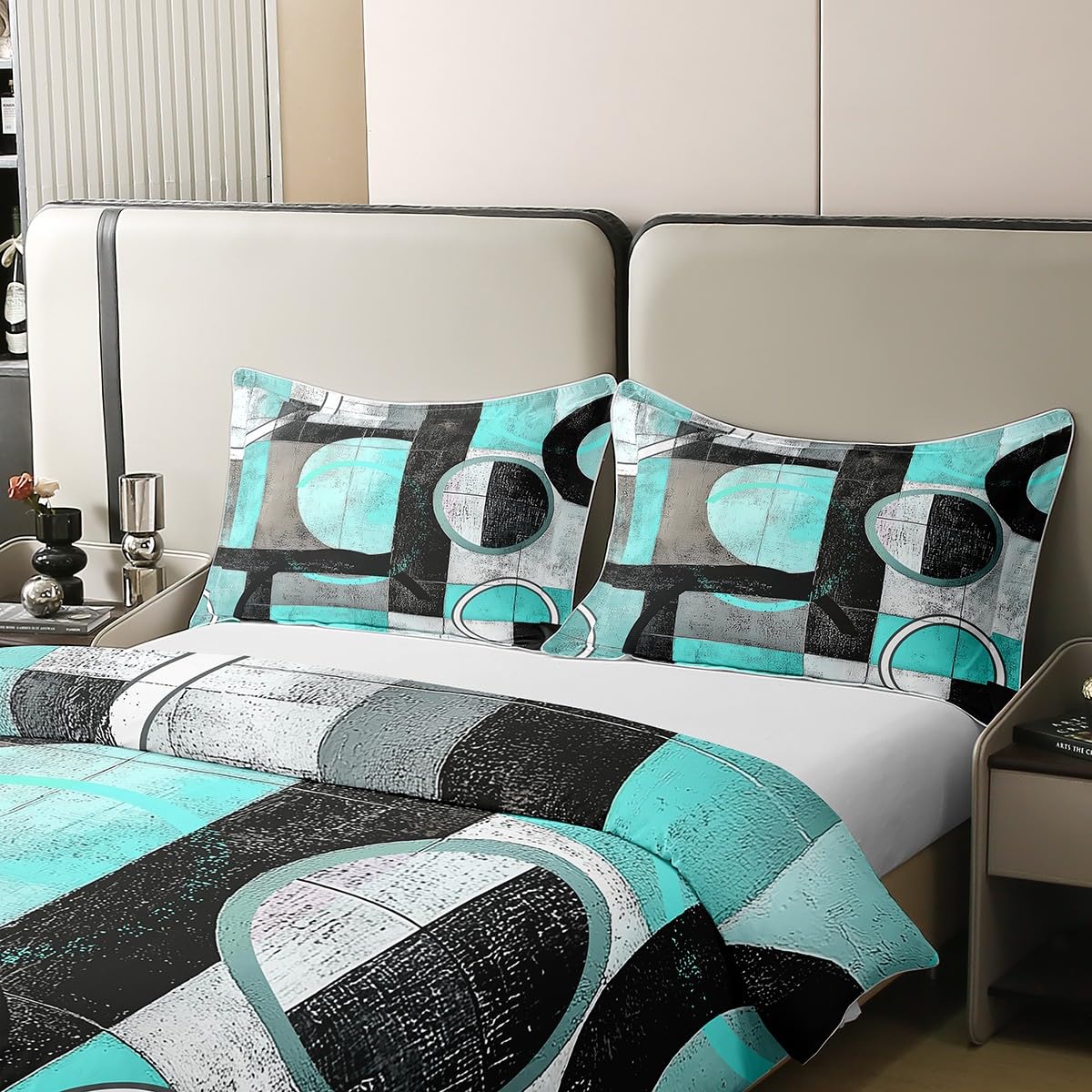 jejeloiu Shallow Green Circle Duvet Cover 100% Cotton King Size Kids Abstract Geometric Comforter Cover for Boys Girls Teens Stripe Line Bedding Set Breathable Soft Room Decor