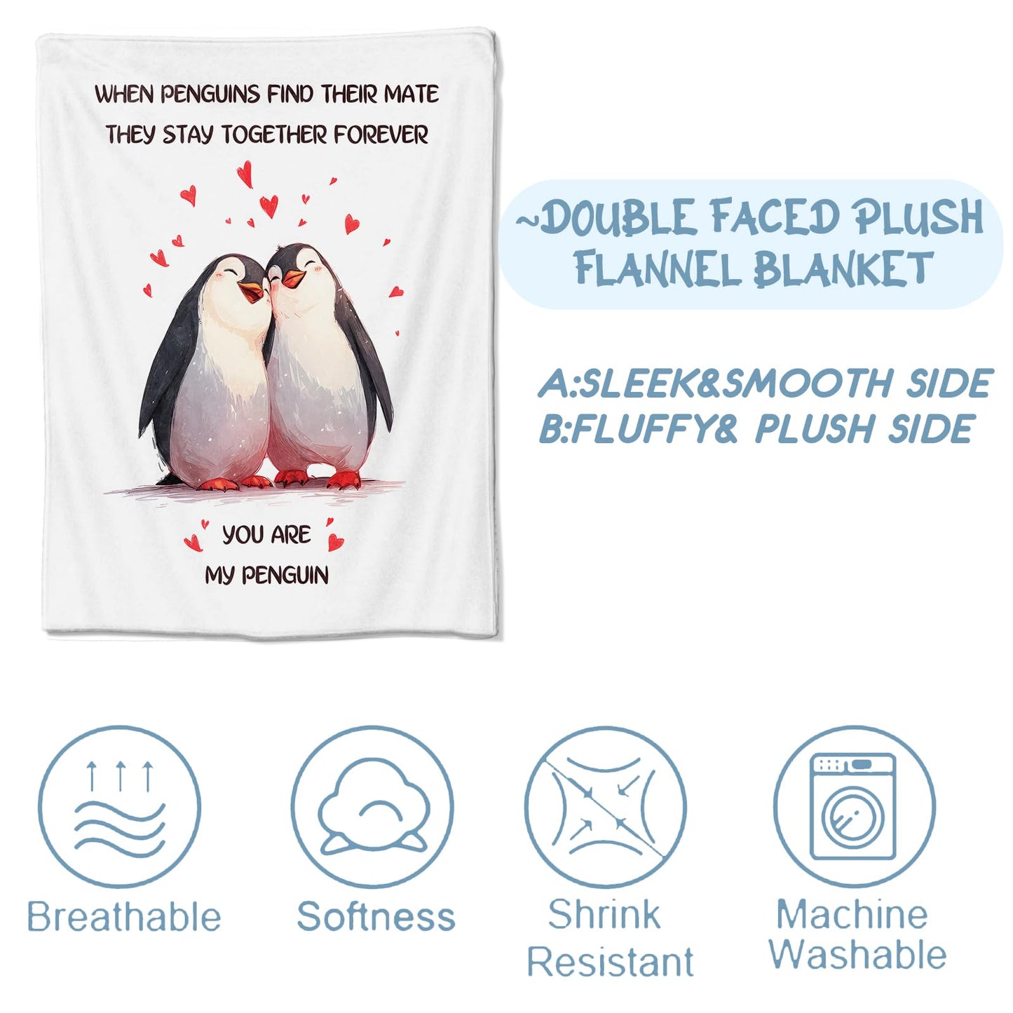 Zeleda Cute Penguin Flannel Blanket, Soft Cozy Throw with Romantic Animal, Lightweight Blankets for All Seasons, Love Home Sofa Bed Decor and Gifts for Couple Women Valentine’s Day, 50x60 Inch