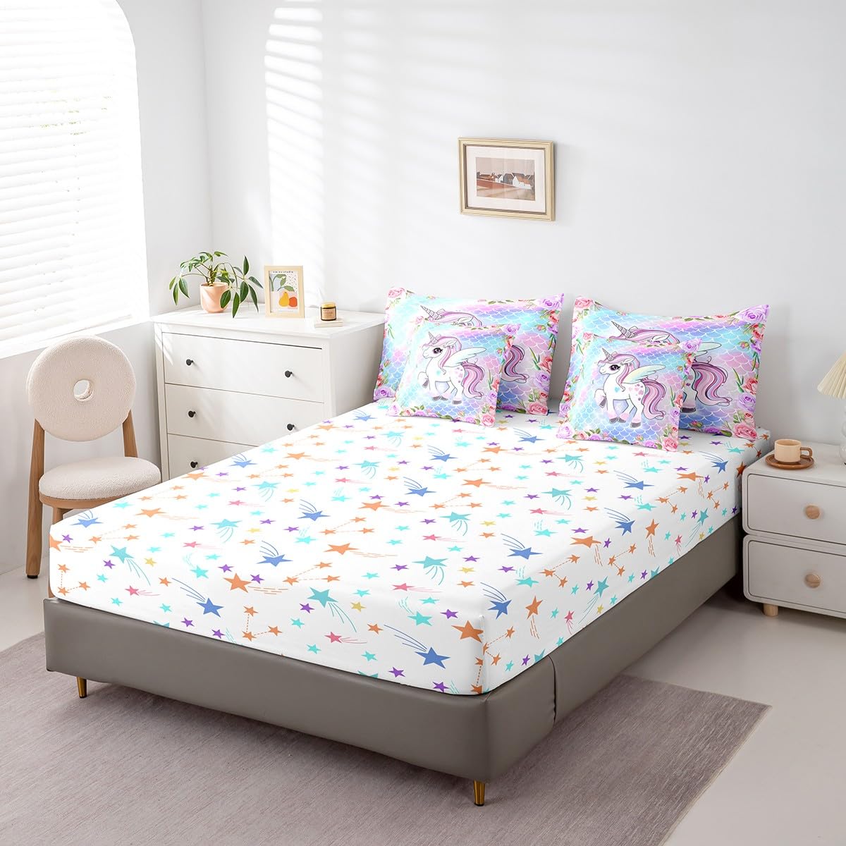 Cute Unicorn 7Pcs Comforter Set Full Size,Mermaid Scales Bedding Sets for Kids Girls Boys,Pink Purple Flower Bed in a Bag Dreamy Animals Fitted Sheet Flat Sheet,2 Throw Pillow 2 Pillowcases