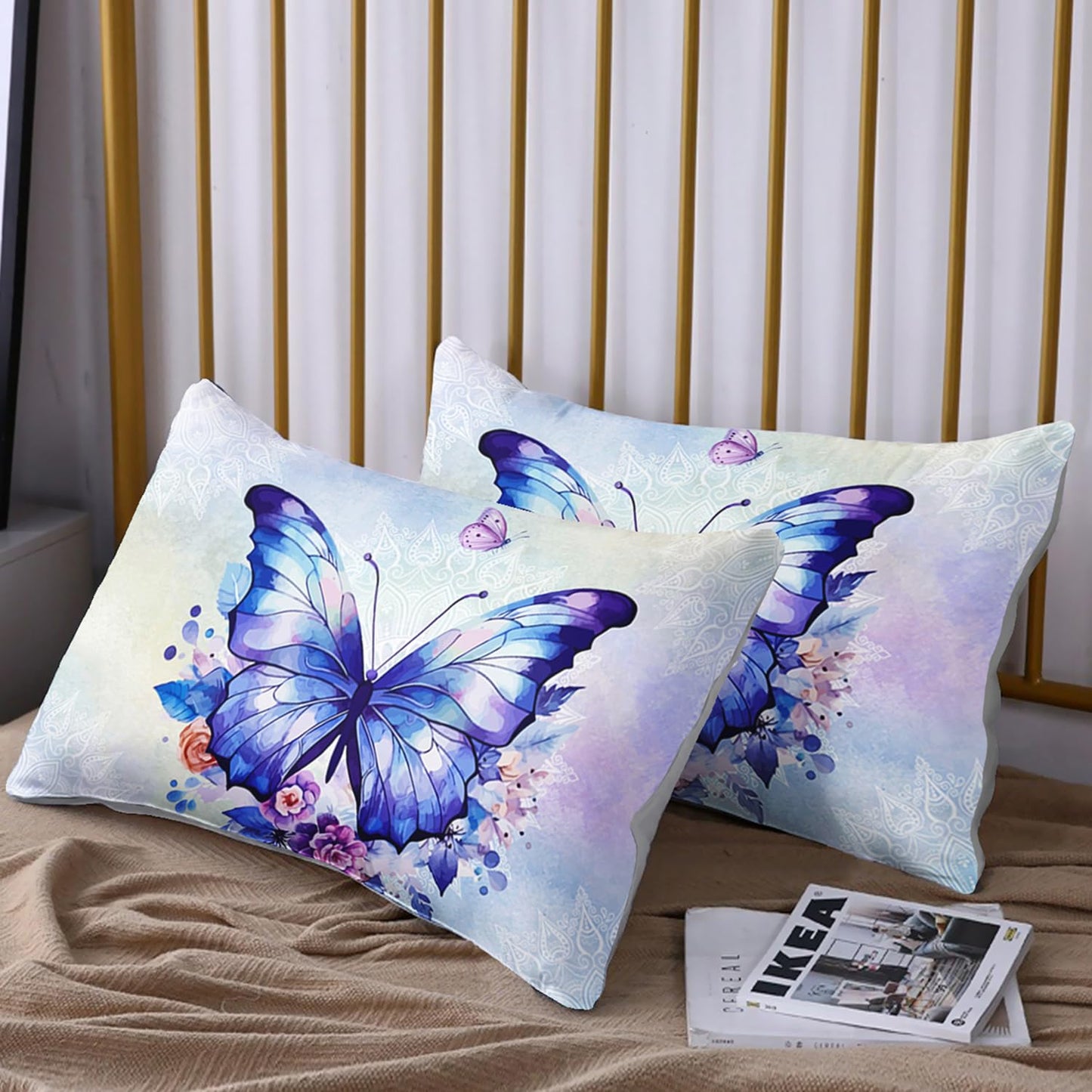 HOSIMA Floral Purple Butterfly Fitted Sheet-Soft Microfiber,Fantasy Butterfly Aesthetics Twin Fitted Sheet for Kids Girls Teens Women,Mandala Preppy Bedding 3Piece with 2 Pillow Shams.
