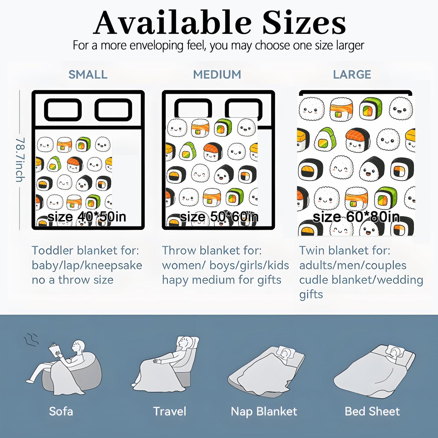 Cute Smiling Sushi Rolls and Nigiri Blanket, 60"x50" Flannel Cozy Lightweight Throw Blankets Gifts for Couch Bed Living Room Decor, Soft Blanket for Women Adults