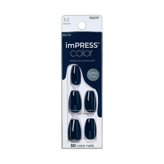 KISS imPRESS Color No Glue Mani 30 Pcs Press On Nails, Navy, Dark Blue, Medium Size, Coffin Shape, Simple Peel & Press Easy Apply, Hassel-Free Removal, Essential Tools Included