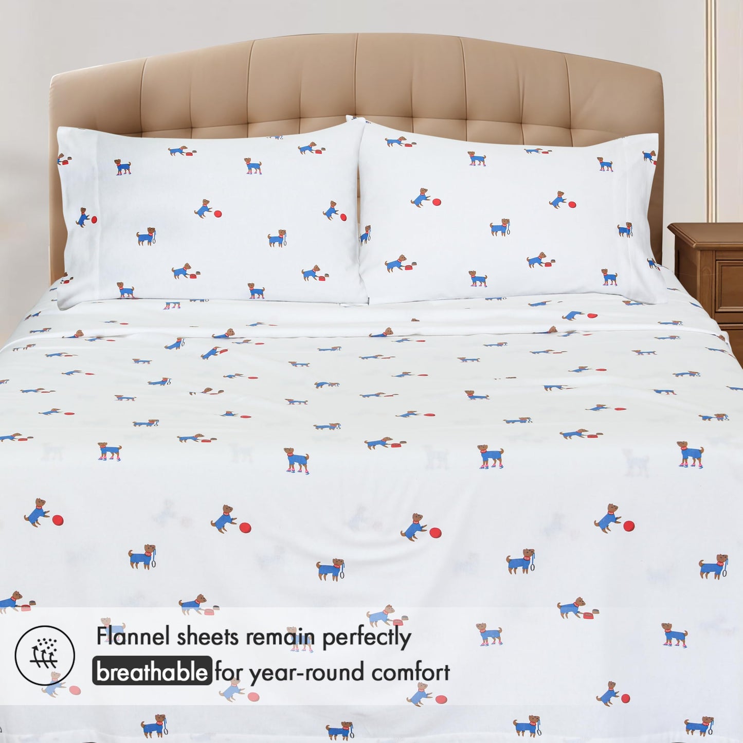 RUVANTI Flannel Sheets Queen Size - 100% Cotton Double Brushed Bed Sheets, Deep Pockets 16 Inches Queen Sheet Set, All Seasons Breathable & Extra Soft - Warm & Cozy, 4 Piece, Puppy Playoff