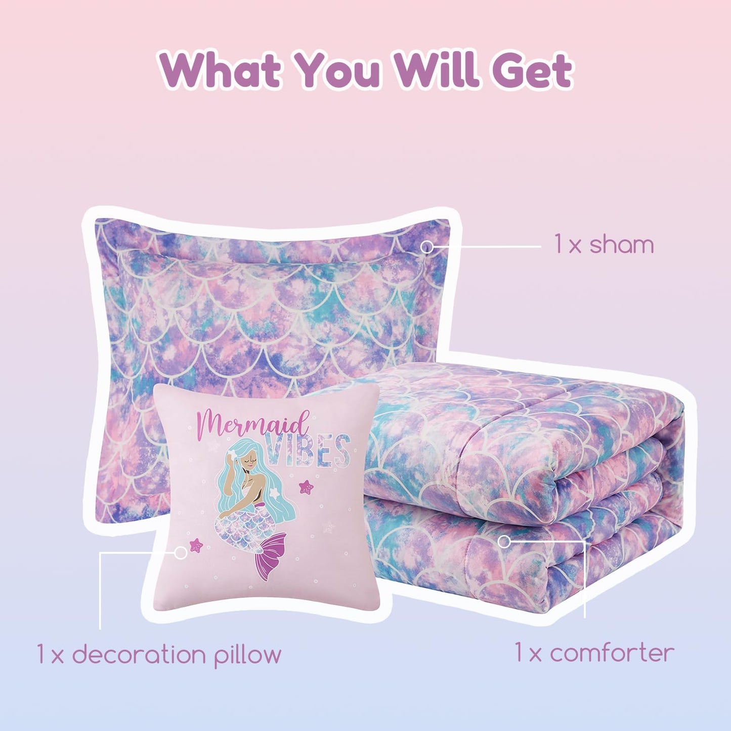 Wink Deer Twin Comforter Set for Girls-3 Pieces Mermaid Glow in the Dark Twin Bedding Sets for Kids,1 Comforter,1 Sham and 1 Decor Pillow