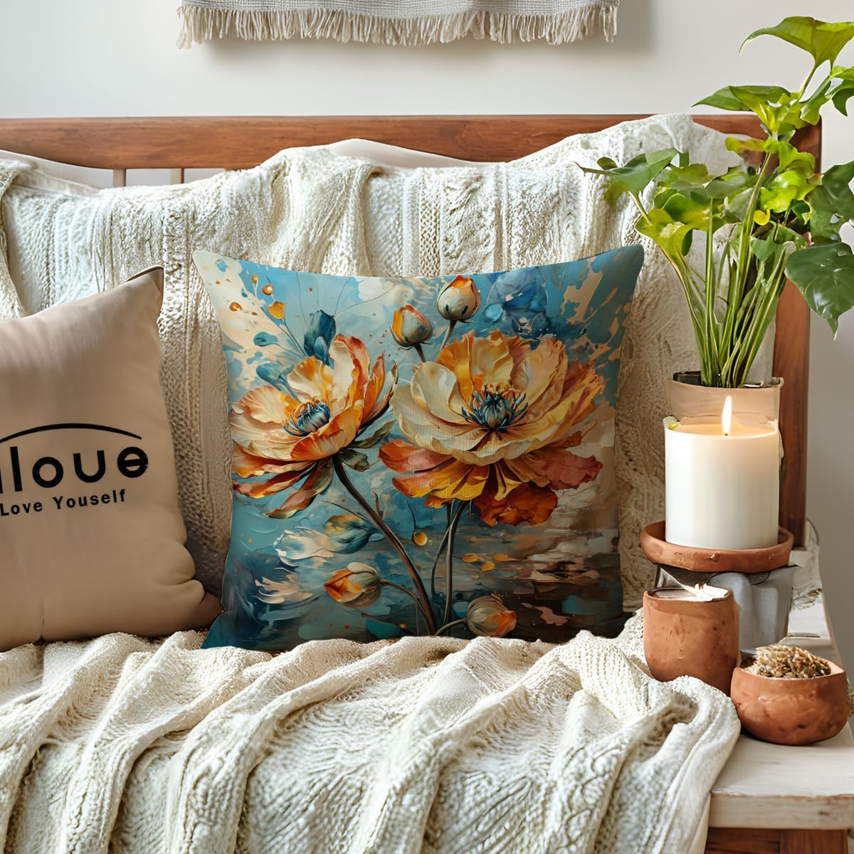2Pack Flowers Decorative Pillow Covers Modern Orange Poppy Design Cushion Covers Oil Painting Pretty Floral Pillowcases 18 x 18 Inch Farmhouse Spring Summer Decorations (Orange/Blue)