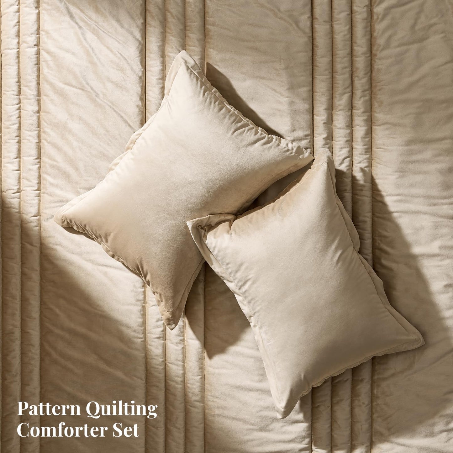 MUSSEL Bedding Comforter Set Queen Size 3 Pieces-Neutral Beige Champagne Striped Lightweight Bedroom Comforter Queen Size,Soft Velvet Bed Set for All Seasons with 2 Shams