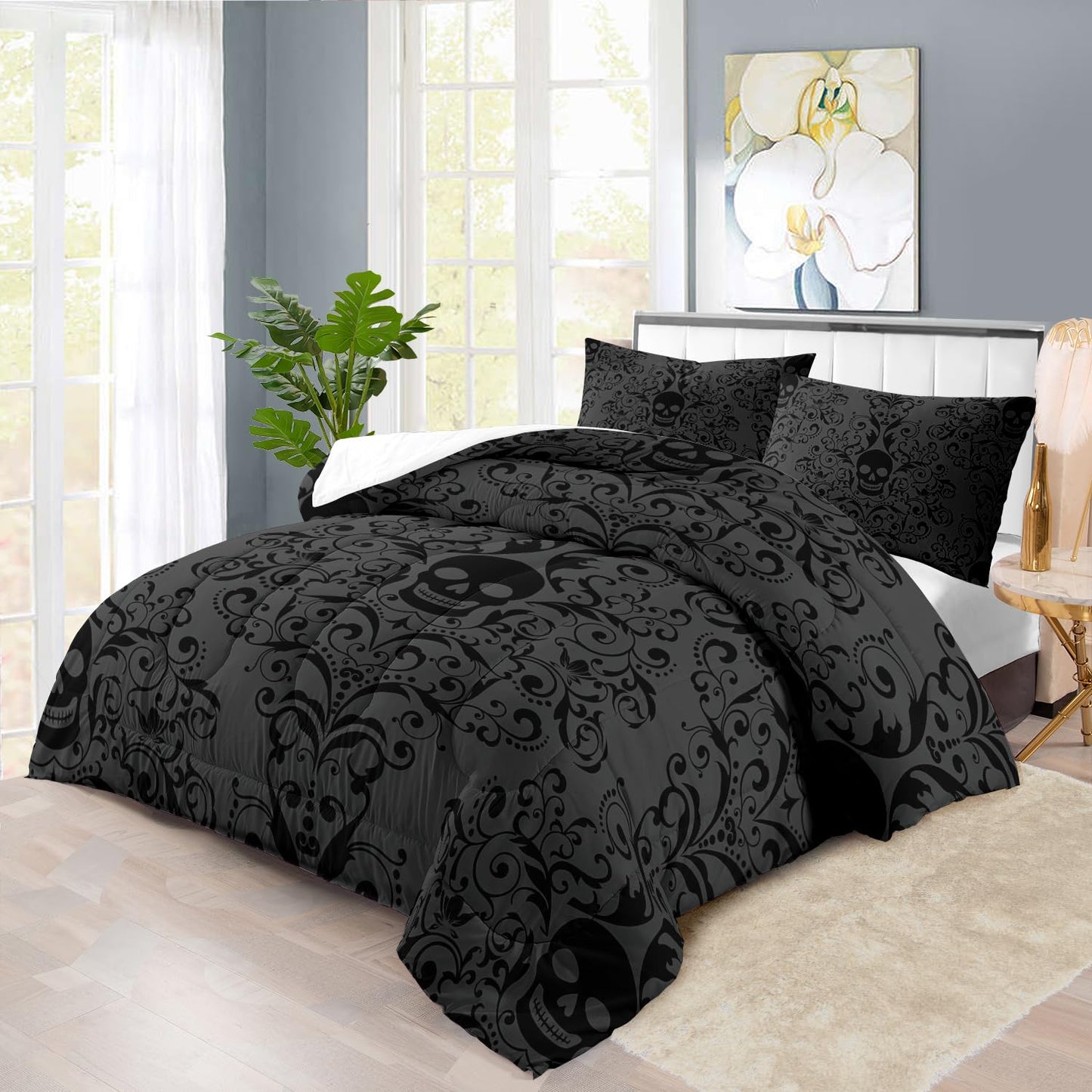 llyxsesty Halloween Skull Comforter Set Queen Boys Hippie Bedding Set for Teens Black Goth Comforter Queen Girls Quilt Gothic Bedroom Decor Skull Bedding Halloween Home Decor