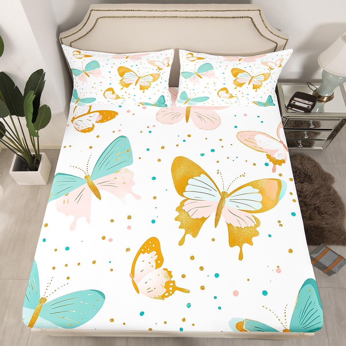 Feelyou Kids Butterfly Fitted Sheet Full Size, Rainbow Bed Sheet Set Boys Girls Butterfly Floral Bedding Set Glitter Teens Bed Cover Bedroom Decor Lightweight Bed Set (No Flat Sheet)