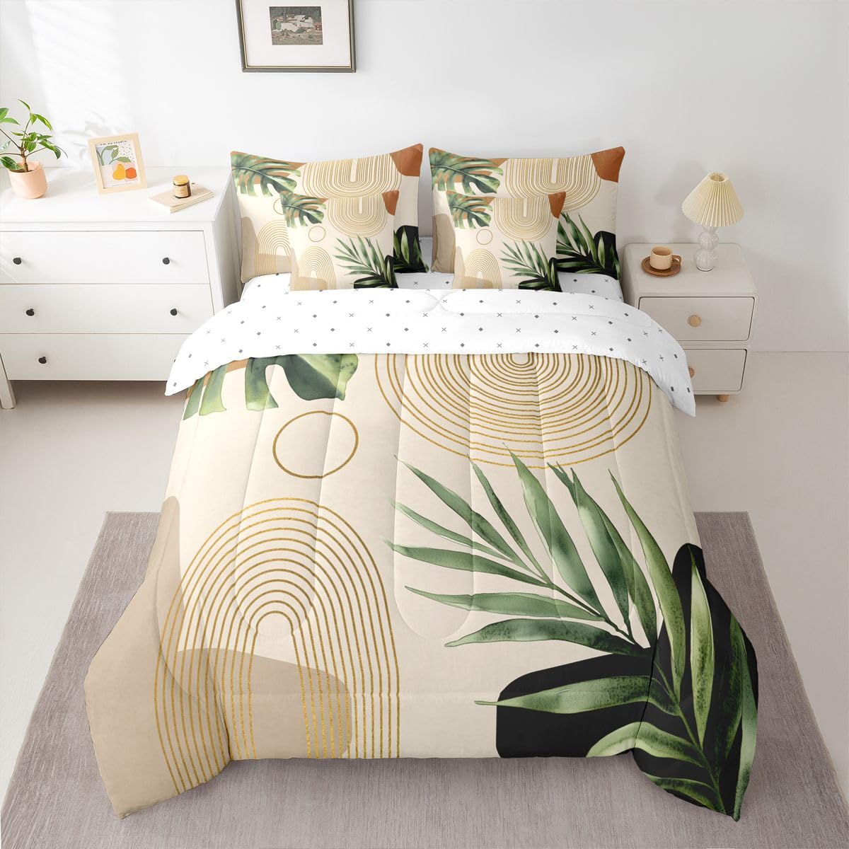 Erosebridal Boho Sage Green Full 7 Pcs Bedding Set, Abstract Bohemian Mid Century Comforter Set with Sheets, Modern Golden Geometric Minimalist Bed in A Bag, Plant Botanical Palm Leaf Bed Sets