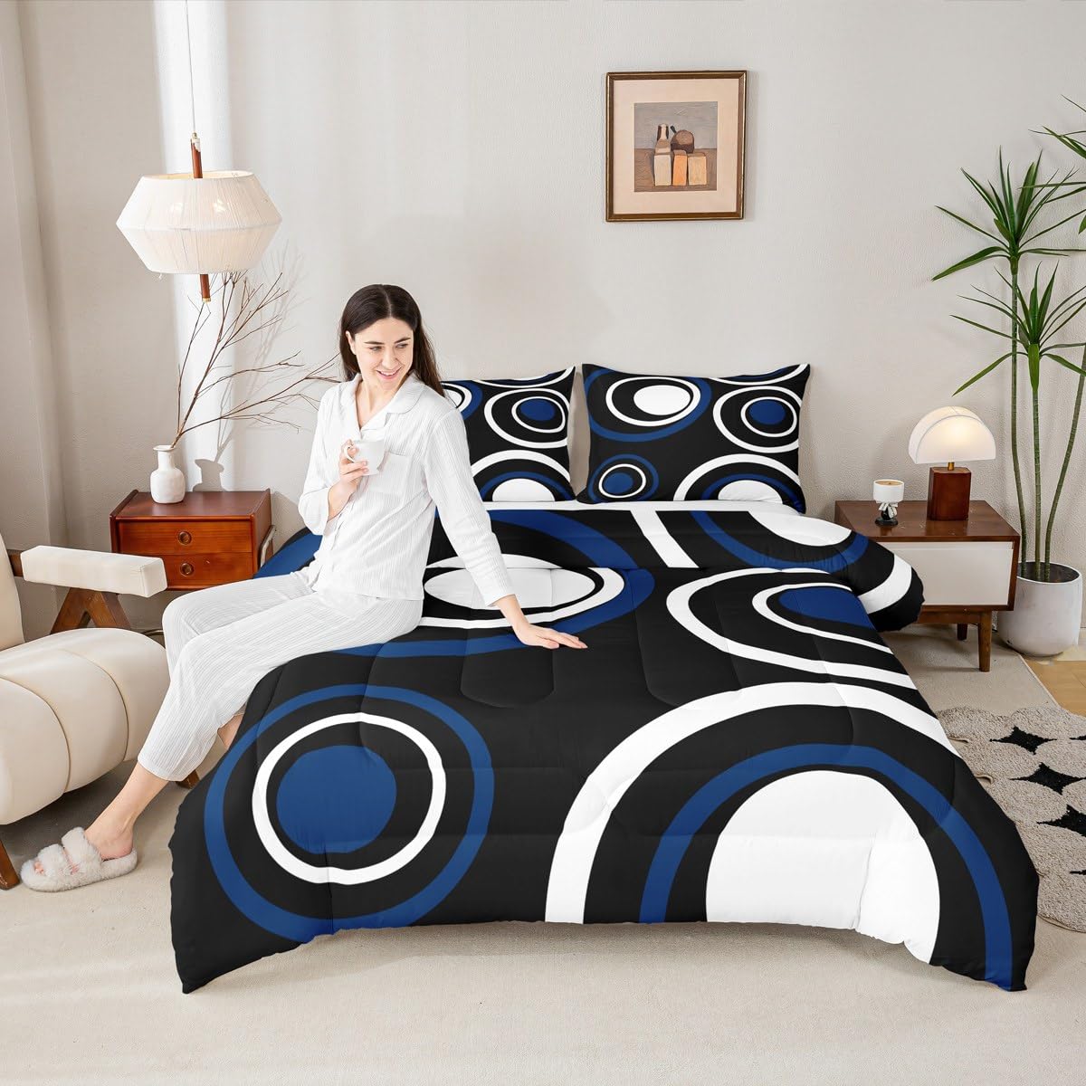 Erosebridal Black Blue Vortex Queen Comforter Set for Adult Women Men Chic Geometric Abstract Mens Bedding Set Striped Aesthetic Circles Bed Set Boho Modern Quilt Set
