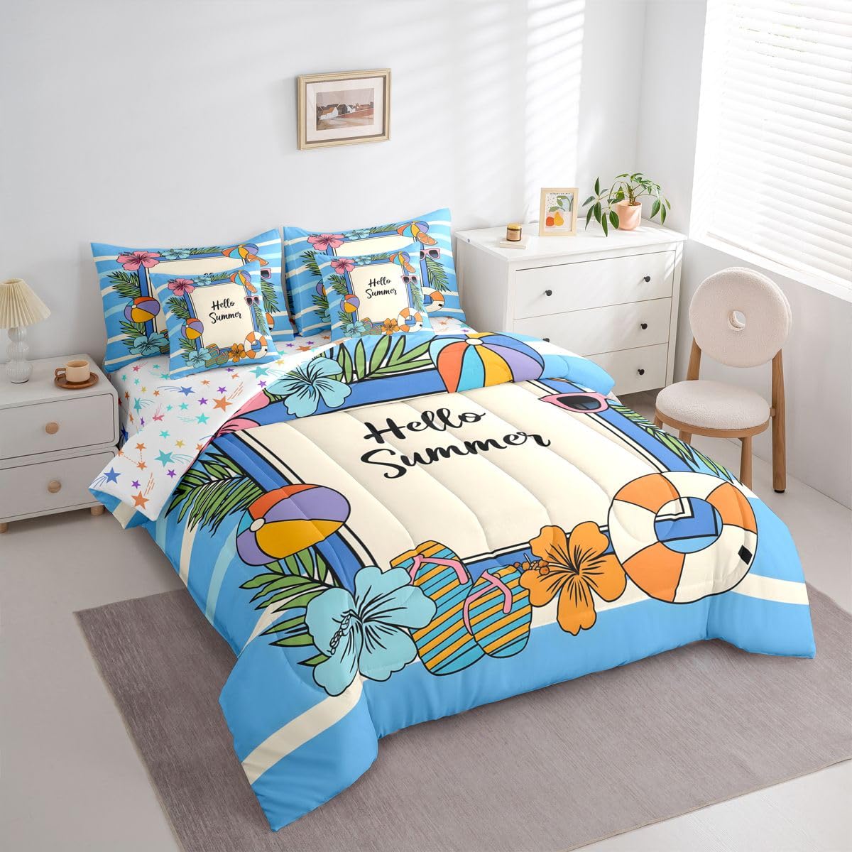 Erosebridal Summer Coastal Beach Queen Bedding Set Hibiscus Flower Palm Comforter Set with Flat and Fitted Sheet Kids Adults Blue Geometric Stripes 7-Piece Bed in a Bag Pool Hello Summer Quilt Sets