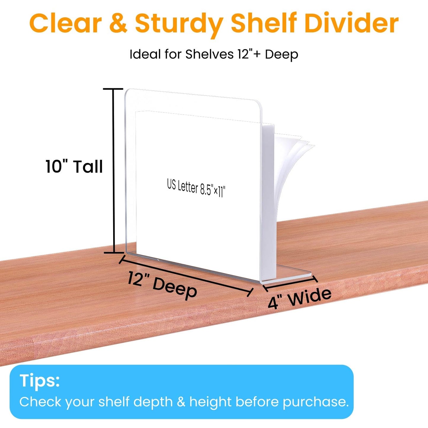 Hotbird Shelf Dividers for Closet Organization – Acrylic Clear Sturdy Dividers to Keep Clothes, Sweaters & Purses Upright, Free-Standing for Wood Shelves, 10" Tall x 12" Deep, 4 Pack