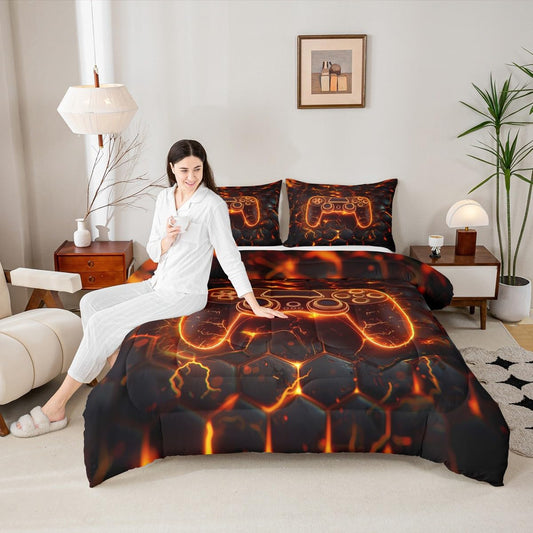 Manfei Gaming Gamepad Kids Comforter Set Twin Size,Modern Video Games Controller Bedding Set,Boys Men Room Decor,Neon Geomotric Honeycomb Hexagon Down Comforter,Black Orange Duvet Insert,1 Pillowcase