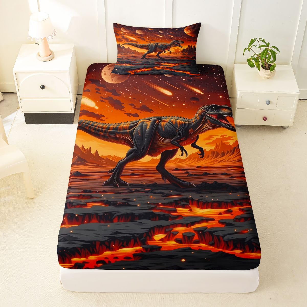 Feelyou Dinosaur Bed Sheets Sets Twin Size Kids Boys Girls 3D Digital Print Bedding Set Jungle Dino Bed Sheet Set with 16-Inch Deep Pockets Wild Animal 3Pcs with 1 Pillow Cases Red Black