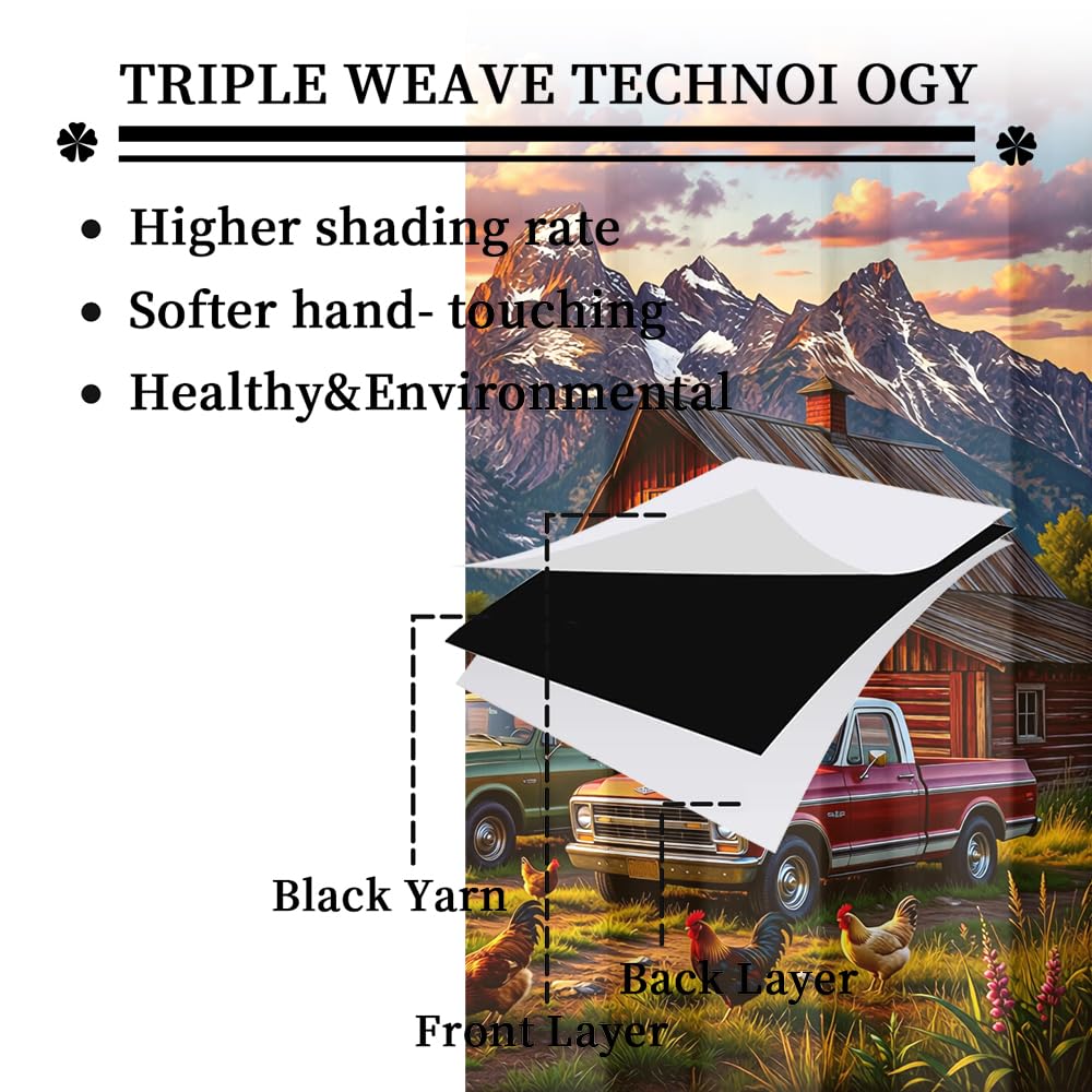 KuracleGH Vintage Farmhouse Wheel Truck Rod Pocket Curtains-Cabin Autumn Mountain Sunset Blackout Curtains & Drapes for Bedroom,Rustic Farm Animal Rooster Window Curtain,2pcs,Each 21“W x 45”L