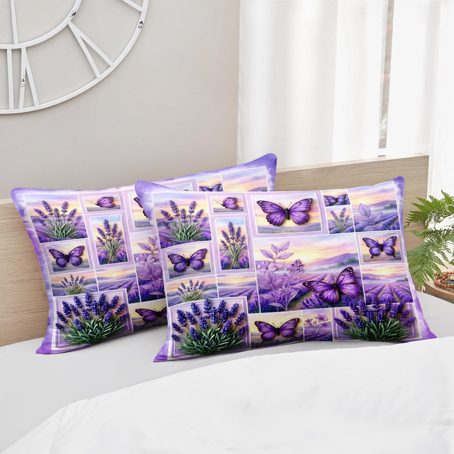 HOSIMA Butterfly Bedding Set Queen Size,Lavender Pattern Plaid Patchwork Fitted Sheet for Girls Women Bedroom Decor,Lightweight Floral Bedding,1 Fitted Sheet+2 Pillowcases.