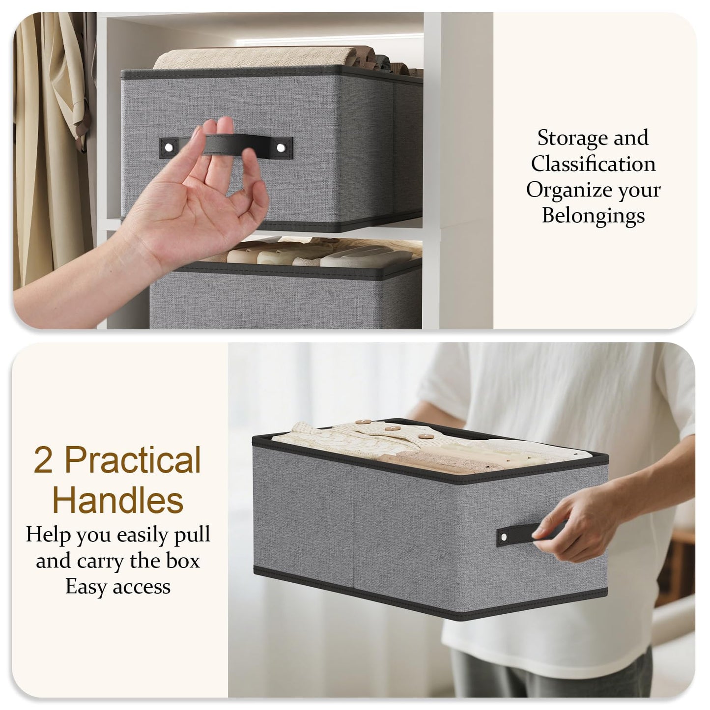 YheenLf Foldable Storage Boxes, Storage Baskets with Handles, Fabric Cube Organizer Bins for Shelves Bedroom Laundry, 13 × 9.1 × 5.5 Inch, Gray, 4-Pack