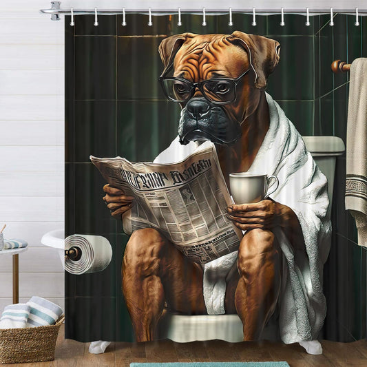 JAWO Funny Dog Bathroom Curtain, Cute Dogs Reading Newspaper on Toilet, Washable Cloth Kids Shower Curtain Set with 12 Hooks, 72X72