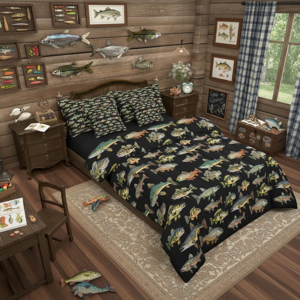 Erosebridal Kids Pike Fish 7 Pieces Comforter Set Full Size, Fishing and Hunting Bedding for Men Adults, Fishing Rustic Comforter Sets with Sheets, Animals Marine Life Bed Set Bed in a Bag
