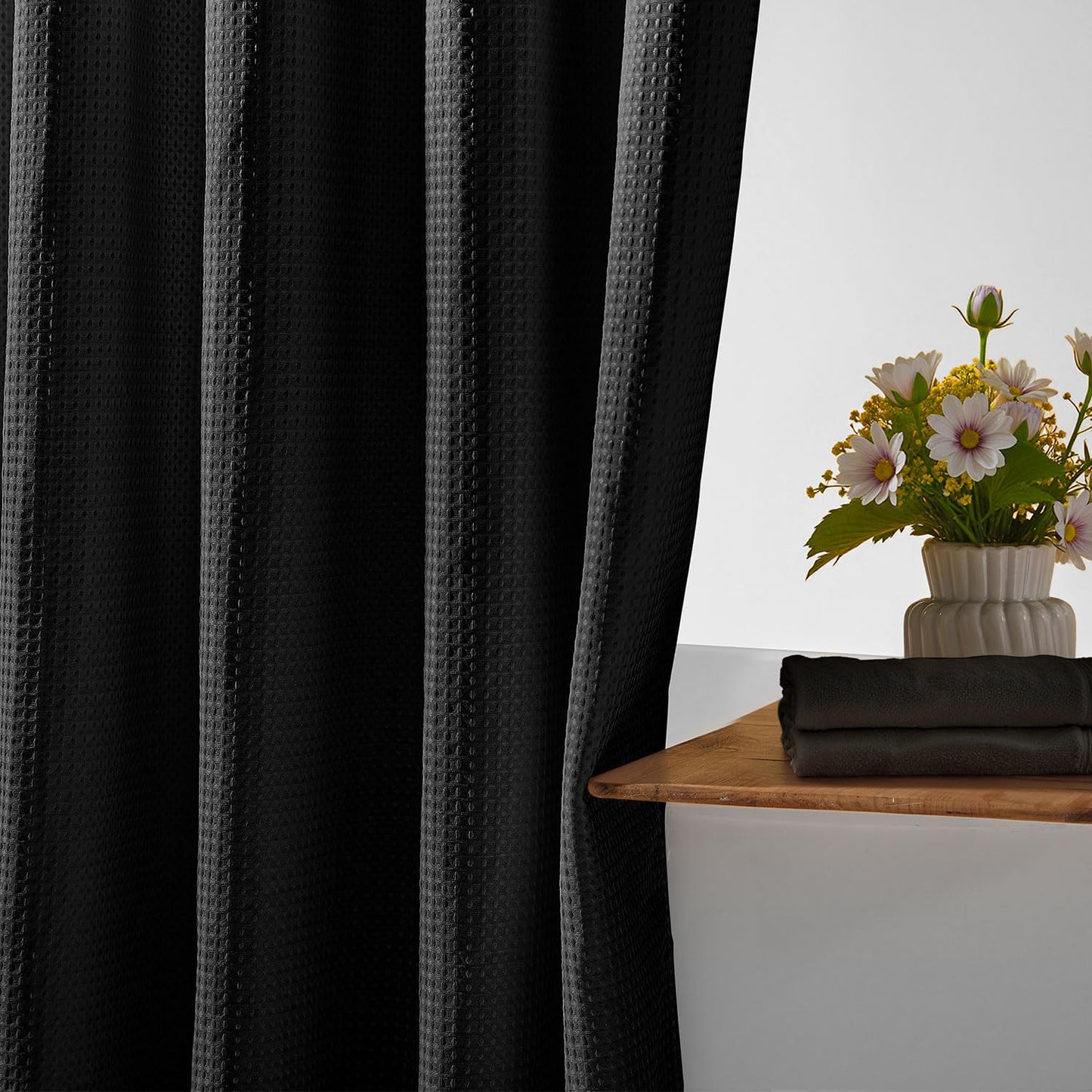River Dream Black Shower Curain No Hooks Dotted Waffle Weave Shower Curtain with Snap in Liner - 71W x 74H,Hotel Grade,Spa Like Bath Curtain Set