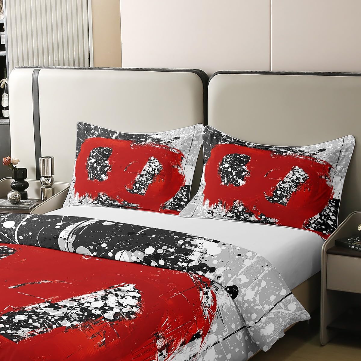 jejeloiu Poppy Red Duvet Cover 100% Cotton King Size Kids Abstract Geometric Comforter Cover for Boys Girls Teens Modern Art Bedding Set Breathable Soft Room Decor