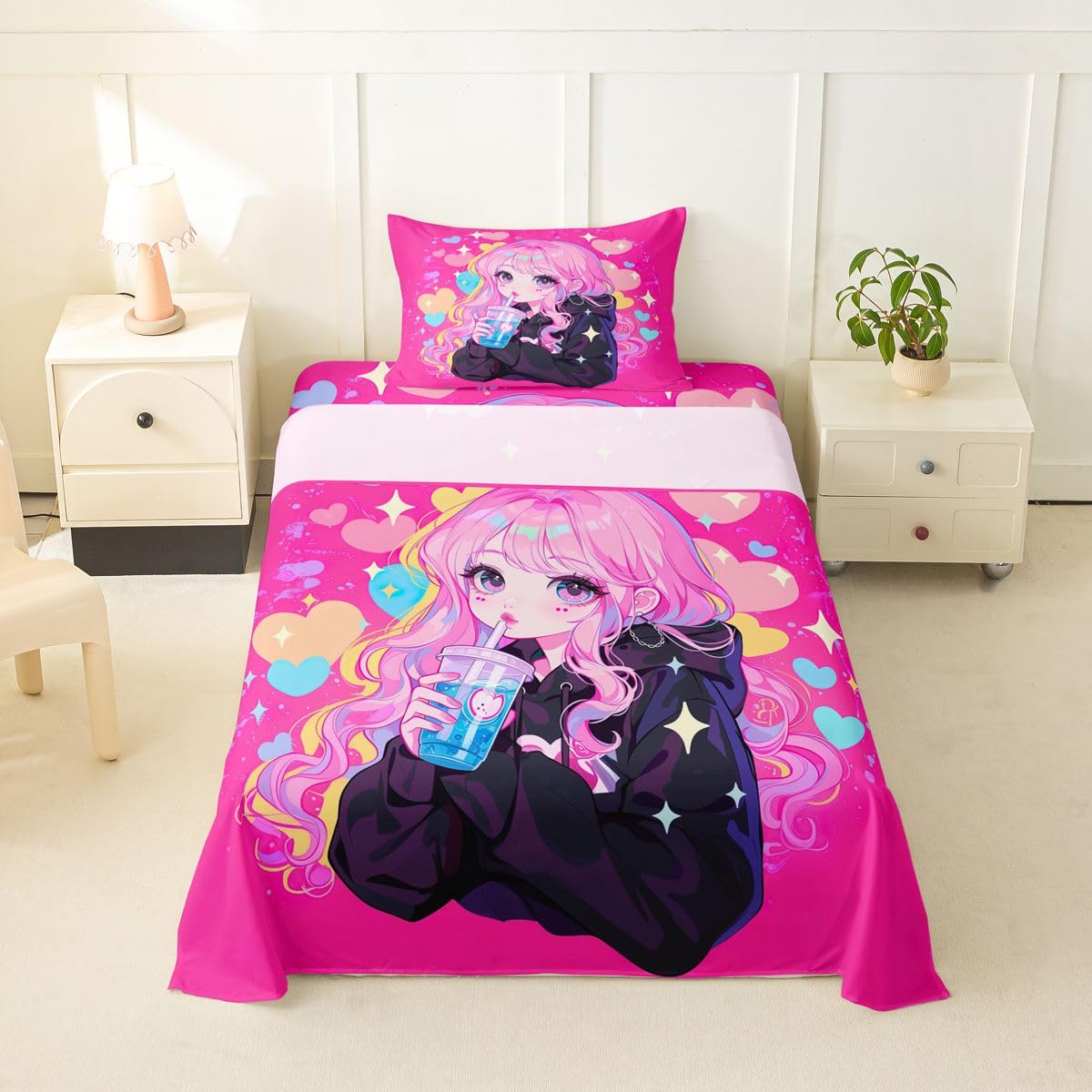 Preppy Girls Sheet Set Twin Kawaii Japanese Girl Drinking Water Bed Sheets Set Coquette Girl With Colorful Curly Hair Sheets For Boys Girls Pink Anime Gifts Flat Fitted Sheet With 1 Pillow Case